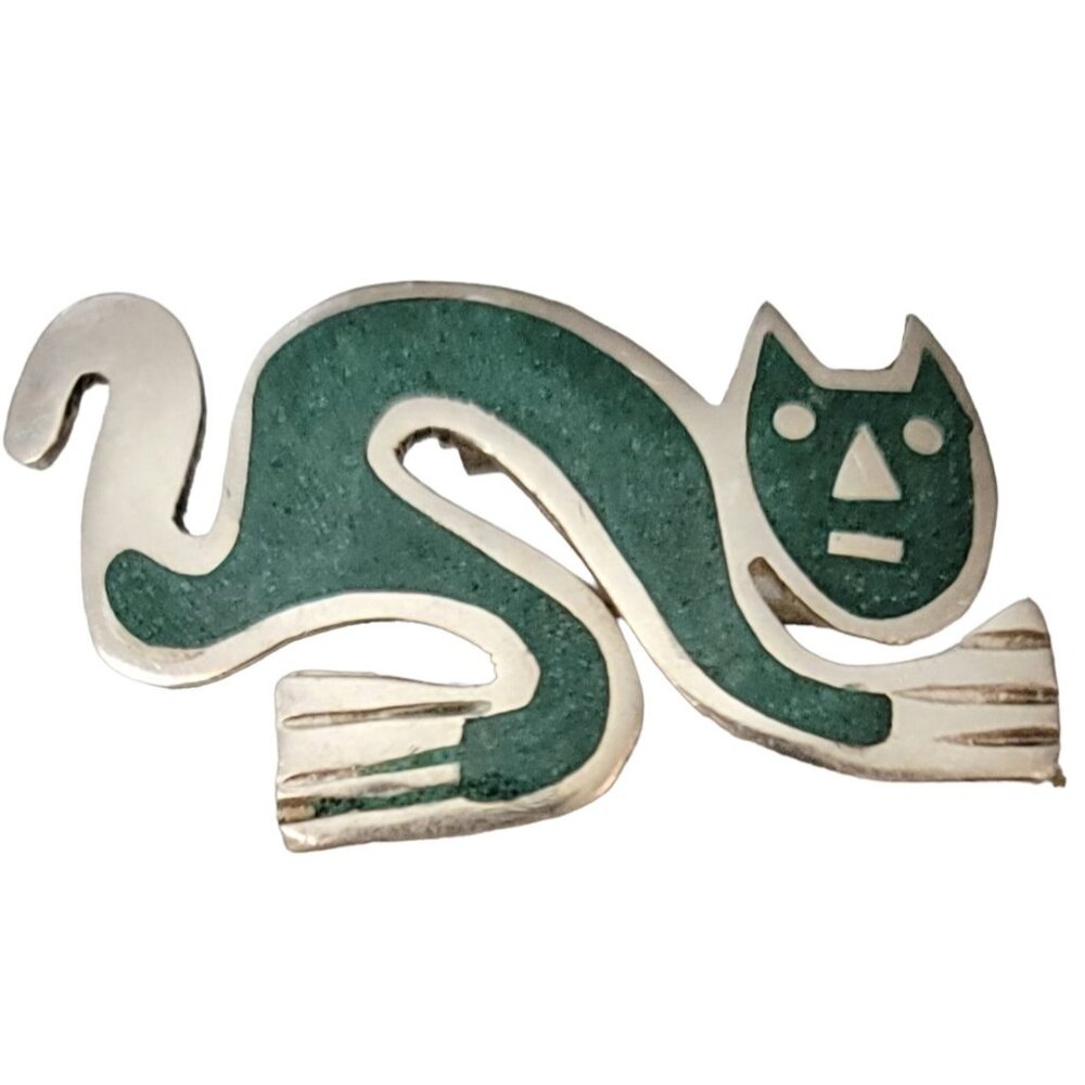 TJN Sterling Silver 950 Crushed Turquoise Inlay Cat Brooch Pin Pendant, Signed